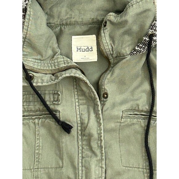 Mudd Cotton Hooded Collared Button Up Long Sleeve Jacket Green/Black Medium - Picture 2 of 7